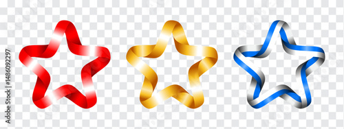Ribbons in the form of stars in red, gold and white-blue colors. Set of isolated vector illustrations on a transparent background