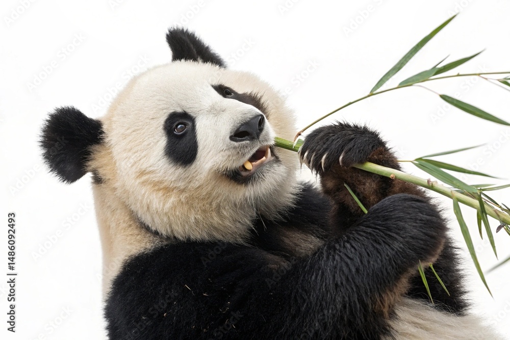 Naklejka premium Giant Panda Eating Bamboo Isolated on White Background