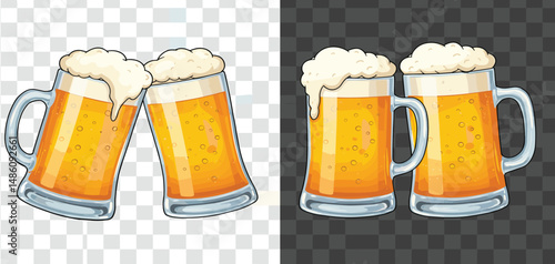 Frothy Beer Mug Vintage Style Vector Illustration – Cheers Toast, Clinking Glasses, Refreshing Lager with Foam.