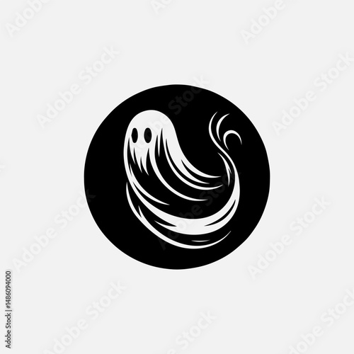 Minimalist black silhouette vector logo of a spooky ghost with tattered flowing edges for Halloween designs  