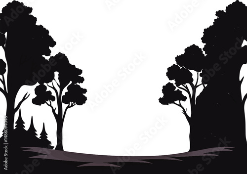 Forest tree silhouettes framing empty space on white background

