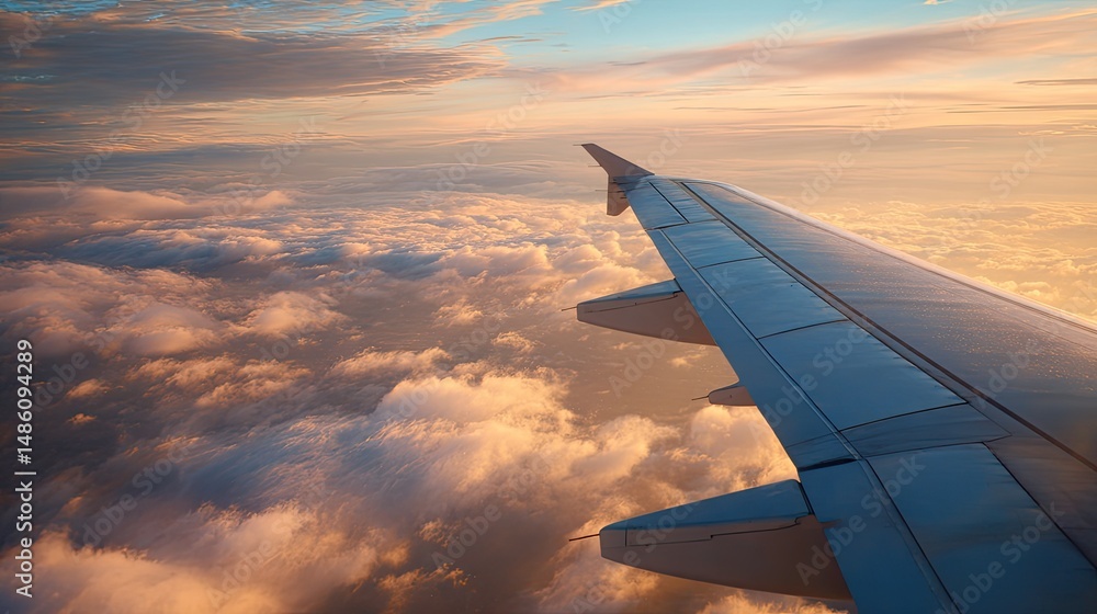Obraz premium Flight window view with airplane wing above clouds during golden hour, dreamy atmosphere