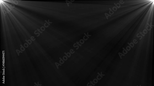 Animated light rays shining from top corner on dark background, glowing beam effect for stage lighting, spiritual visuals, cinematic overlays