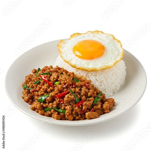 spicy pad kra pao minced pork with rice and fried egg, thai street food style, super detail, studio light shadows, isolated on white background