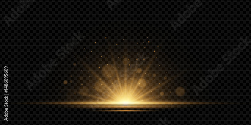 Golden glow with sparkling flare and radiant beams. Abstract bright light burst with magic shine and festive glitter. Vector explosion of golden energy with starlight and sunlight effects.