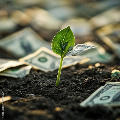 A vibrant green sprout emerging from rich soil surrounded by scattered dollar bills, symbolizing growth and prosperity in a financial context, with a blurred background of more money
