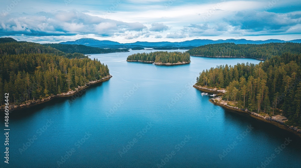Fototapeta premium High-angle view of a tranquil fjord with islands.