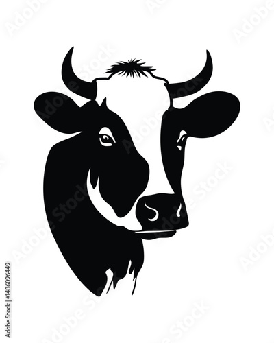 Black and white cow head silhouette front view simple design for farm logo dairy product packaging or animal illustration isolated on white background