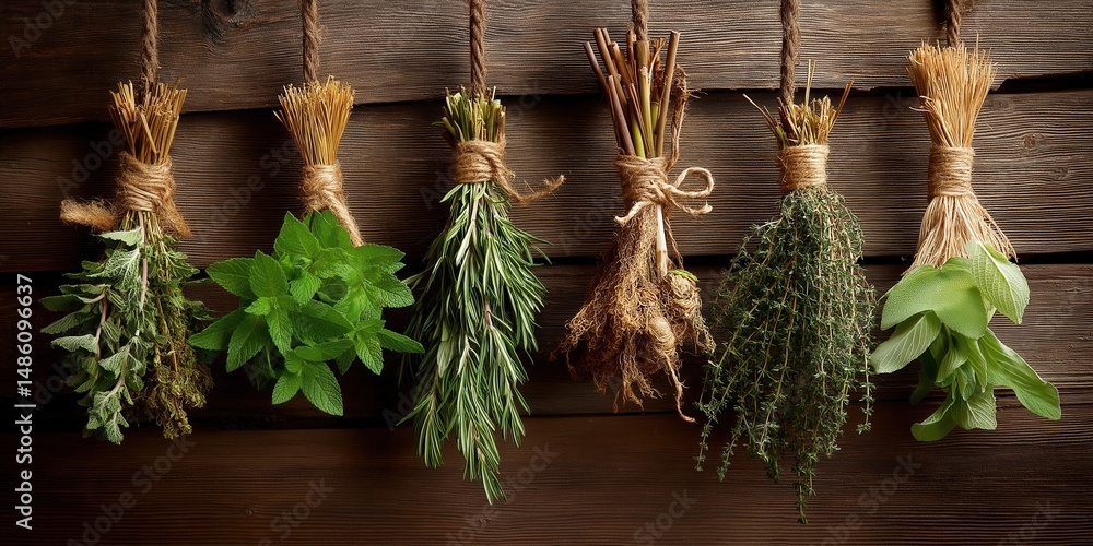 Obraz premium Hanging bunches of medicinal herbs and flowers on a natural wooden background. Herbal medicine.