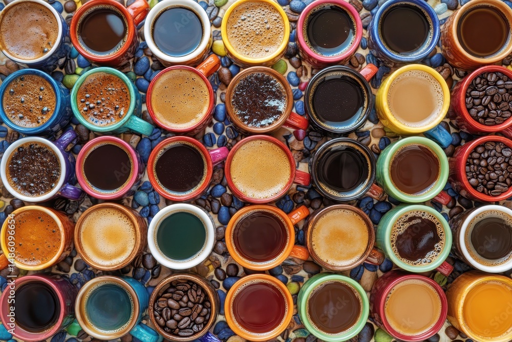 Colorful espresso cups arranged on coffee beans Colorful espresso cups arranged on coffee beans