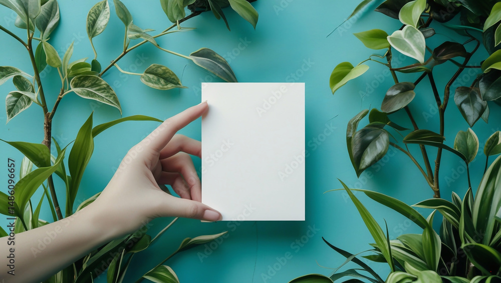 A delicate human hand with gentle fingers and clean, trimmed nails cradles a horizontal blank card against a vibrant turquoise wall adorned with lush, thriving indoor plants A delicate human hand with gentle fingers and clean, trimmed nails cradles a horizontal blank card against a vibrant turquoise wall adorned with lush, thriving indoor plants