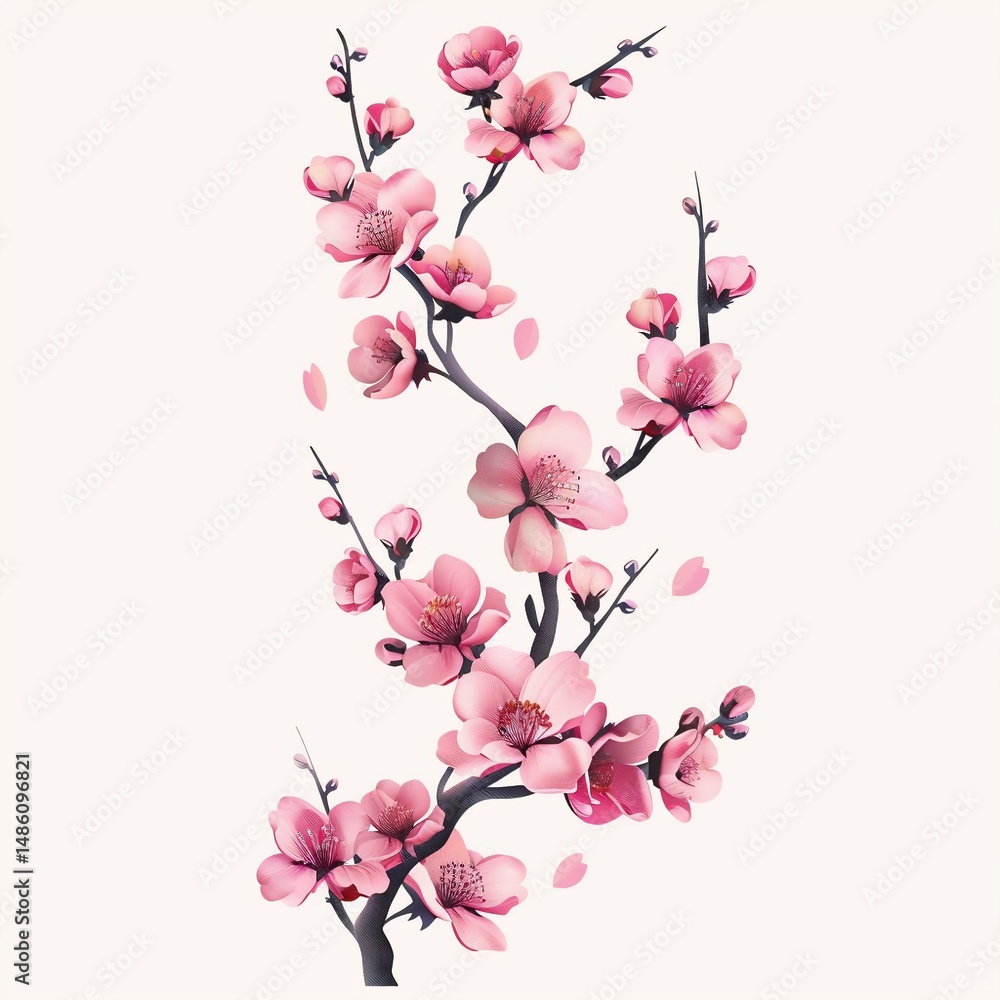 Fototapeta premium A delicate cherry blossom branch, adorned with pink flowers in full bloom, stretches diagonally across a stark white background, showcasing intricate details and vibrant colors.
