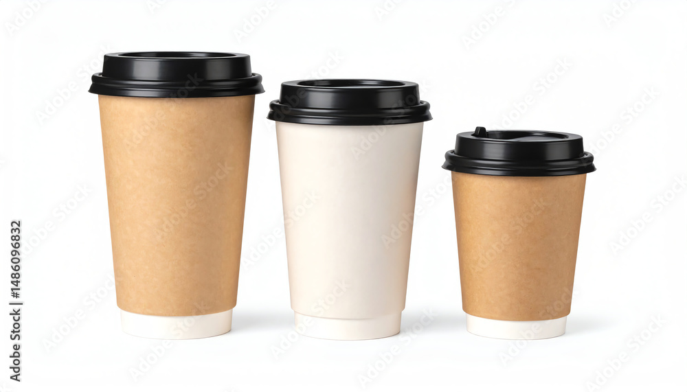 Three disposable coffee cups with black lids, two brown and one white, arranged in a row on a white background Three disposable coffee cups with black lids, two brown and one white, arranged in a row on a white background