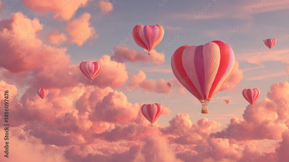 Fototapeta premium Heart-shaped hot air balloons soar through a soft pink sunset sky filled with fluffy clouds