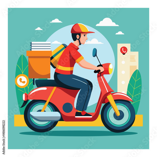 Delivery Person Riding Fast Motorcycle Vector