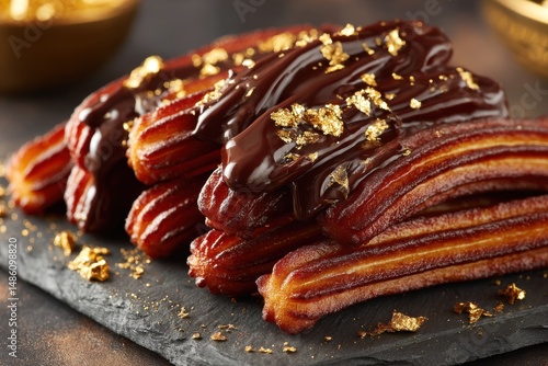 A tempting stack of freshly made churros drizzled with rich dark chocolate sauce and sprinkled with edible gold flakes, served on a dark slate plate, delicious snack.
