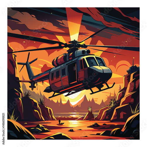 Helicopter Rescue Silhouette with Dramatic Shadows