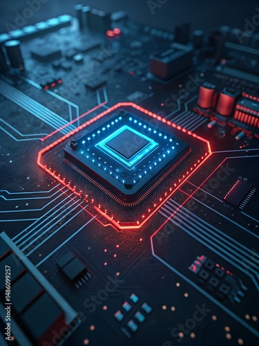 Close-up macro photo of a futuristic circuit board glowing with neon blue and red lights in a dark background, realistic lighting, detailed textures, shallow depth of field.