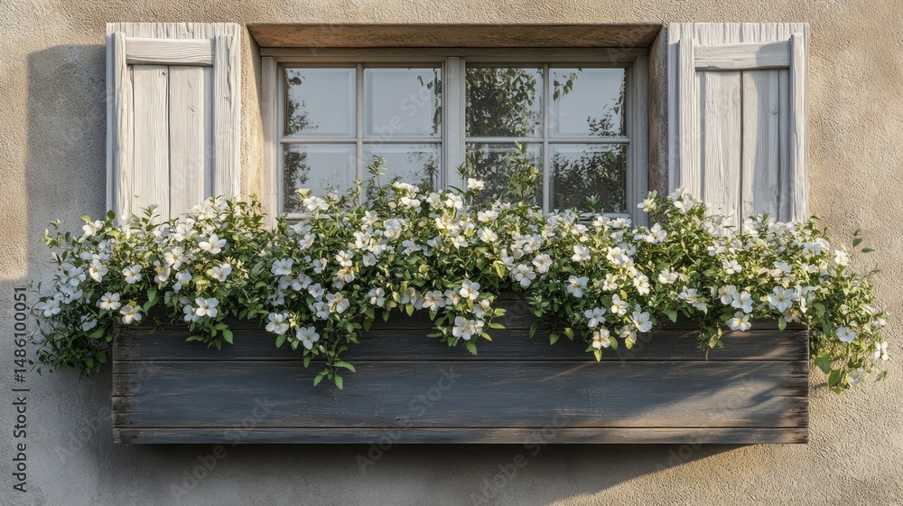 Naklejka premium Creamy flowers in a rustic wooden window box