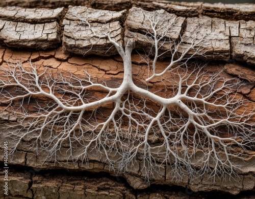 Close-up of mycelium spreading beneath cracked tree bark, resembling neural or cable networks.