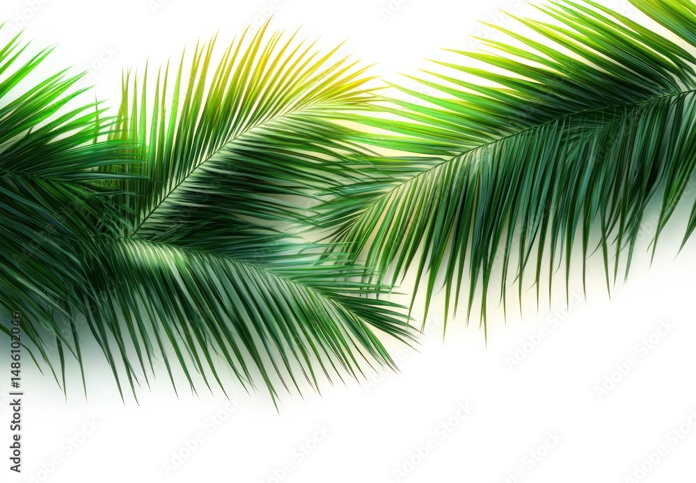 Naklejka premium Close-up of vibrant green palm leaves with light shining through on a white background, evoking a fresh and tropical feeling