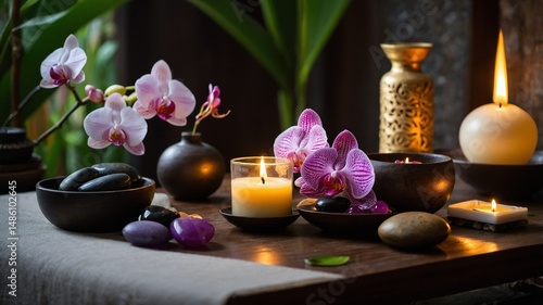 Pink Orchid with Spa Candles and Zen Stones with a brown background