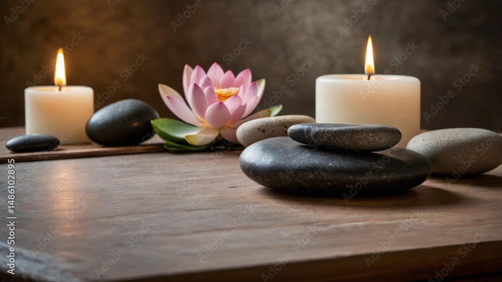 Realistic Photo of a Spa Room with flickering candles and black stones and a lotus flower. Brown background Realistic Photo of a Spa Room with flickering candles and black stones and a lotus flower. Brown background