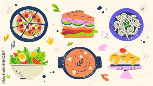 Set of prepared dishes, including pizza, sandwich, pasta, salad, soup, and cake. Ideal for recipe blogs, restaurant menus, and food packaging
