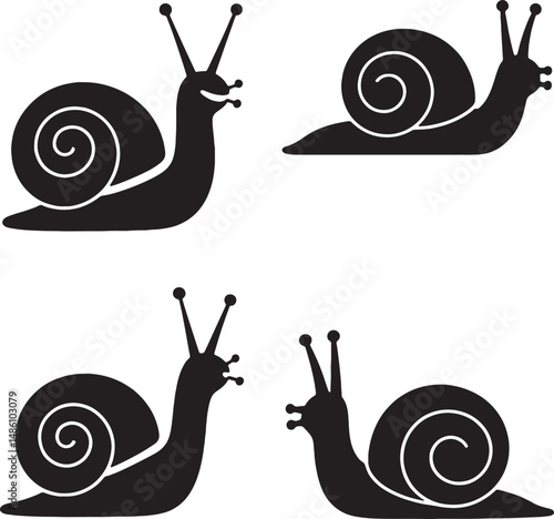 Four black silhouettes of snails crawling