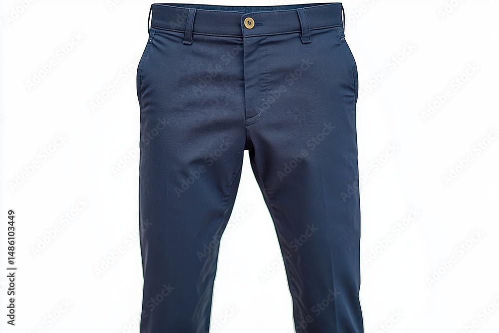 Front view of dark blue formal trousers with button closure and belt loops, isolated on white background Front view of dark blue formal trousers with button closure and belt loops, isolated on white background