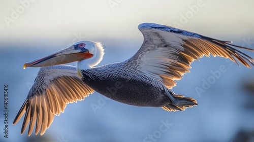 large pelican bird gracefully flying with wings fully extended against a blurred soft blue and gray background conveying freedom and calmness
