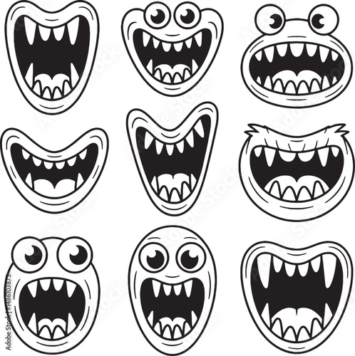 Nine cartoon monster mouths open wide grinning