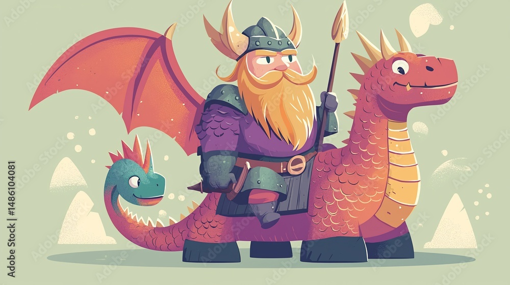 Fototapeta premium Viking on Dragon, Cartoon Fantasy