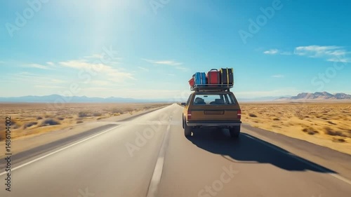 Vintage car traveling on desert road with luggage on the roof  