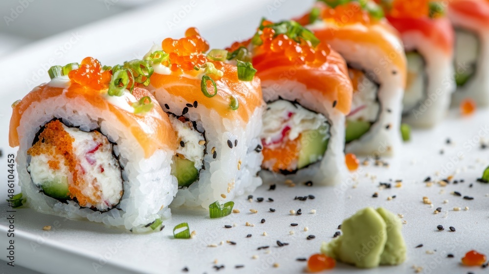 Delicious rainbow sushi roll with salmon, avocado, cream cheese, and tobiko. Delicious rainbow sushi roll with salmon, avocado, cream cheese, and tobiko.