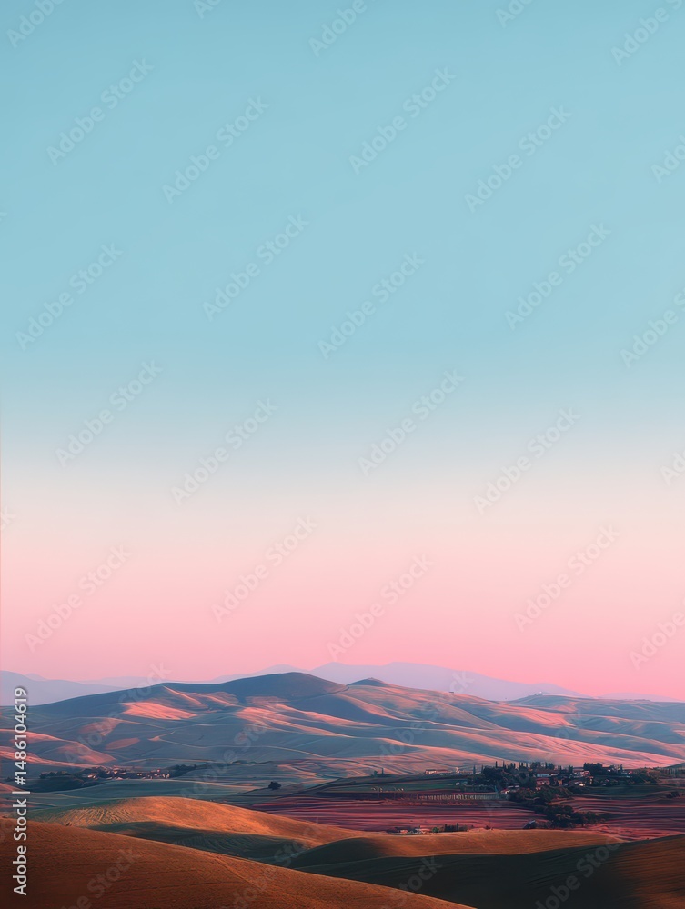 Obraz premium Serene Landscape of Rolling Hills Under a Pastel Sky at Dusk with Gentle Shadows and Soft Color Gradation Enhance Natural Beauty of Scenic Environment
