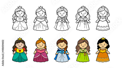Cute princess characters in fancy dress collection, kawaii princess dress-up illustration set, line art and color version.