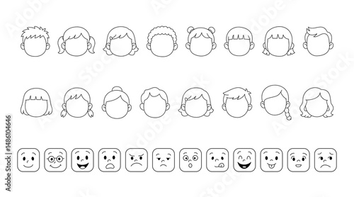 Kid face templates and cartoon emotions set, mix and match cartoon character faces and feelings, simple doodle line art style.