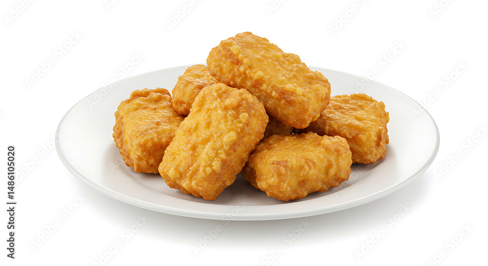 Golden fried nuggets atop a pristine plate Golden fried nuggets atop a pristine plate