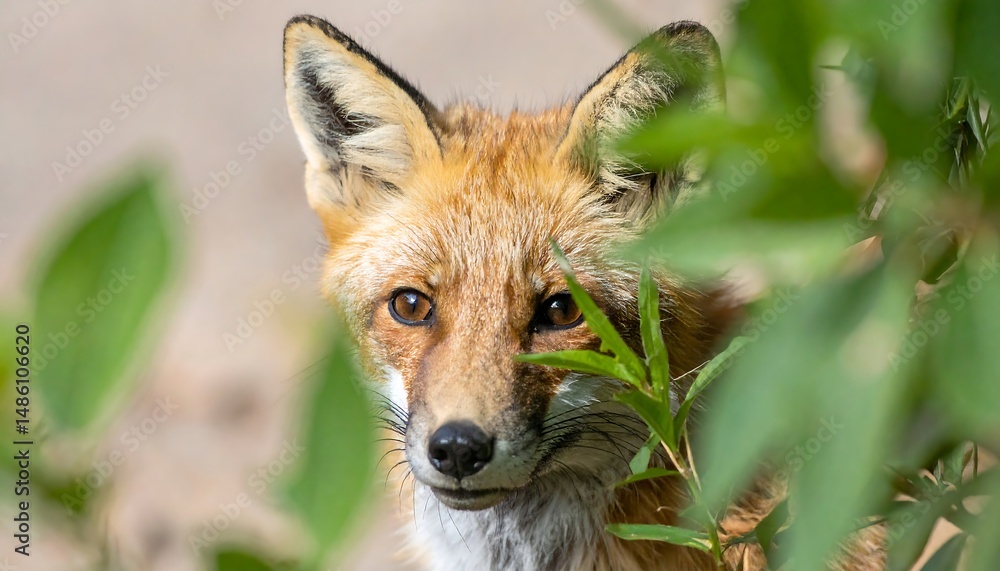 Obraz premium Curious Red Fox Peeking Through Green Foliage In Natural Habitat