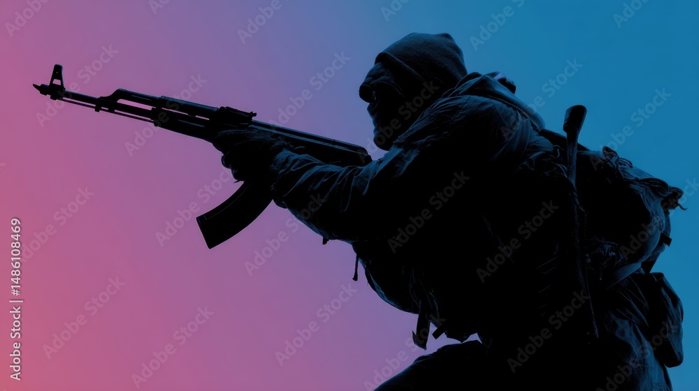 Cold War era Soviet soldier in silhouette with weapon during military training exercise Cold War era Soviet soldier in silhouette with weapon during military training exercise