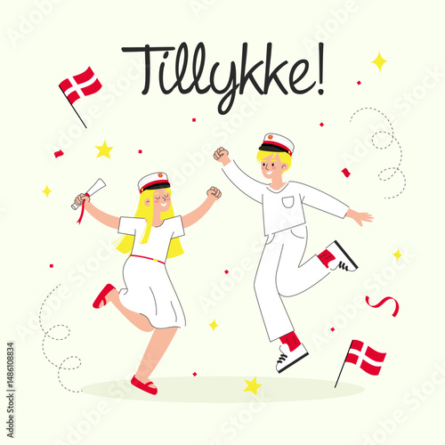 Tillykke! greeting card vector illustration. Danish Translation: " Congratulations!"