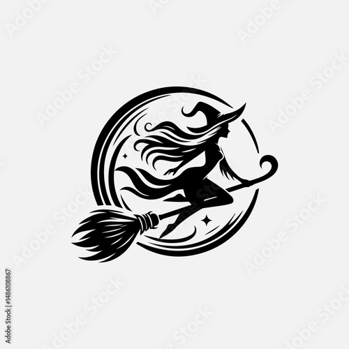 Wallpaper Mural Elegant dark vector witch logo with pointed hat riding broomstick and motion swirls Halloween concept Torontodigital.ca