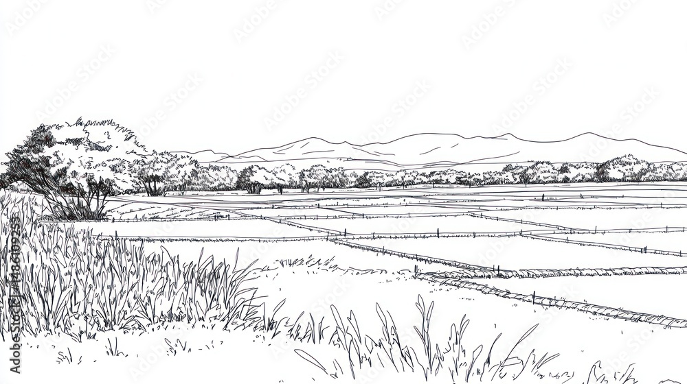 Fototapeta premium Rural rice paddy landscape drawing