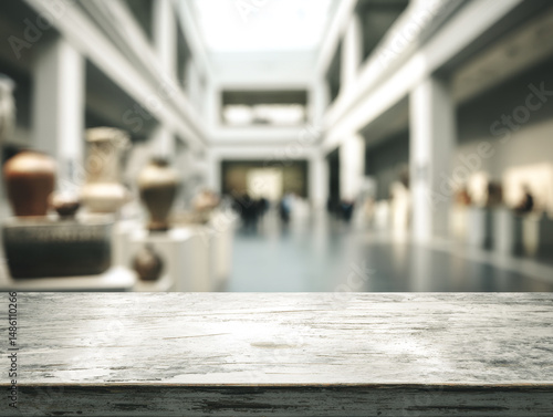 Wallpaper Mural Wooden table overlooking a blurred background in an art museum, enhancing exhibition ambiance Torontodigital.ca