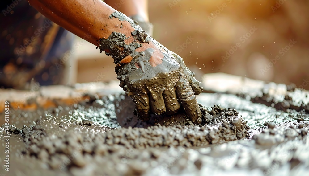 Obraz premium Hand In A Dirty Work Glove Mixing Wet Cement On A Construction Site Under Warm Sunlight