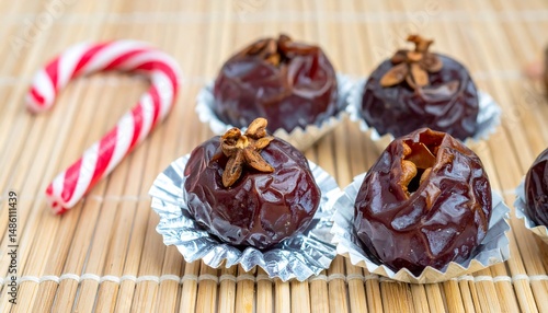 Close Up Shot of Chocolate Candies with Star Anise and Candy Cane on Bamboo Mat