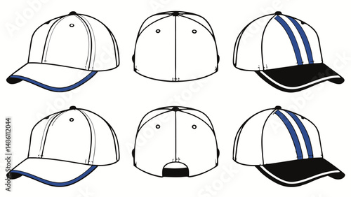 Baseball Cap Design Grid: Front, Side, and Rear Views Template