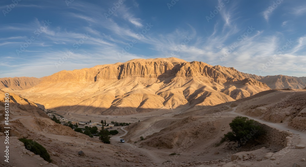 Naklejka premium Desert Mountain Range Landscape with Winding Road and Distant Village