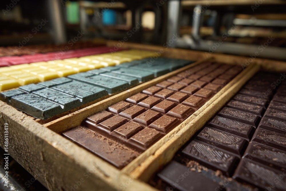 Rows of artisan chocolate bars featuring various colors and textures arranged in a wooden box for gourmet confection Rows of artisan chocolate bars featuring various colors and textures arranged in a wooden box for gourmet confection